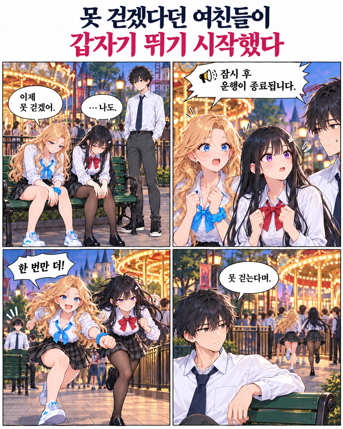 더는 못 걷겠다던 하나와 다유가 운영 종료 안내를 듣는다. 한 번만 더 타자며 갑자기 뛰어가는 두 사람을 도남이 벤치에서 바라본다.