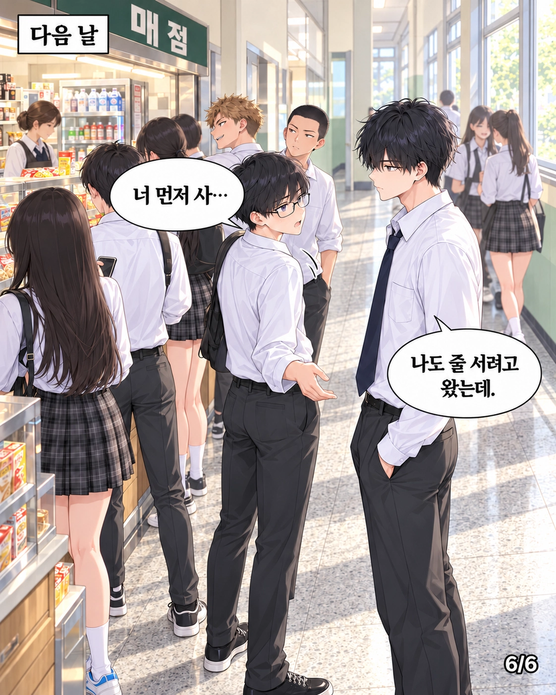 다음 날 매점에서 안경 쓴 학생이 도남에게 자신의 자리를 양보하려 한다. 도남은 자신도 줄을 서려고 왔다고 말한다.