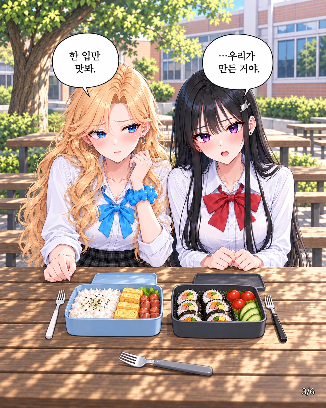 하나와 다유가 직접 만든 도시락 두 개를 펼쳐 놓고 도남에게 한입 맛보라고 권한다.