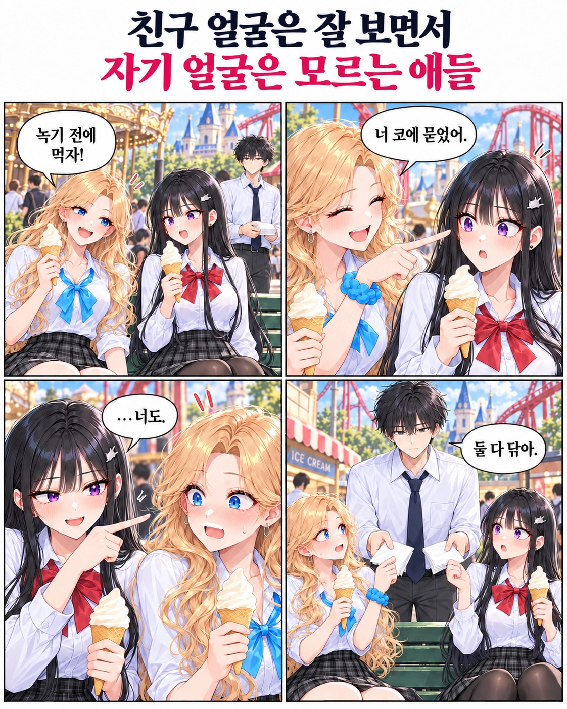 하나와 다유가 아이스크림을 먹다가 서로 얼굴에 묻은 것을 알려 준다. 자신에게도 묻은 줄 몰랐던 두 사람에게 도남이 휴지를 건넨다.