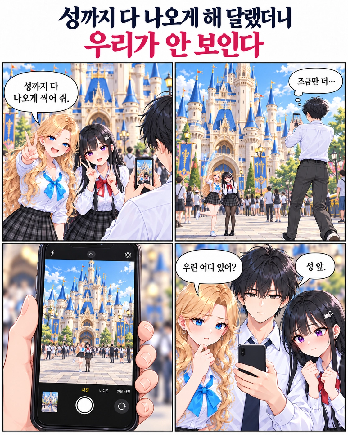 하나와 다유가 놀이공원의 성 전체가 나오게 사진을 찍어 달라고 한다. 도남이 멀리서 찍어 성은 잘 보이지만 두 사람은 아주 작게 나온다.