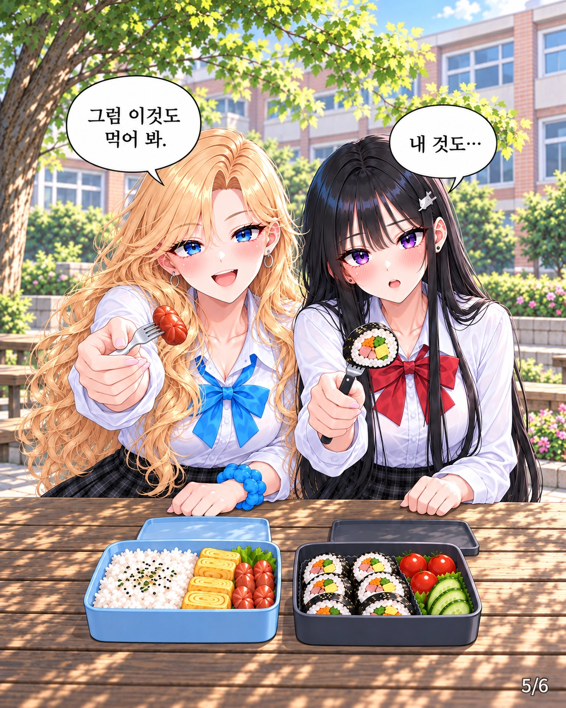 칭찬을 들은 하나와 다유가 소시지와 김밥을 각각 집어 도남에게 내민다.