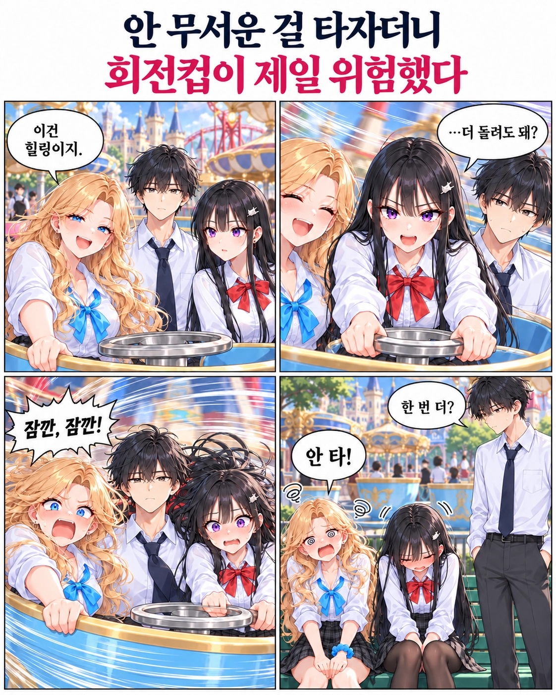 무섭지 않은 놀이기구를 찾던 세 사람이 회전컵에 탄다. 도남이 컵을 빠르게 돌리자 하나와 다유는 비명을 지르고, 다시 타자는 제안을 거절한다.