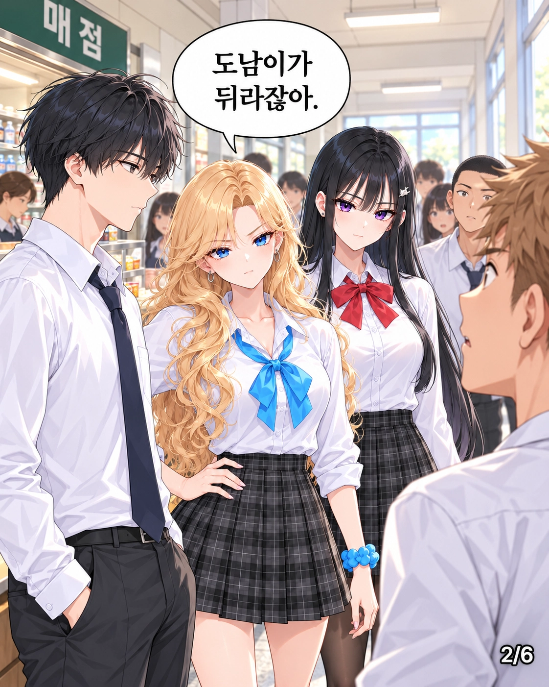 매점에서 도남의 앞에 끼어들려던 학생을 하나와 다유가 막는다. 두 사람은 줄의 뒤로 가라고 말한다.