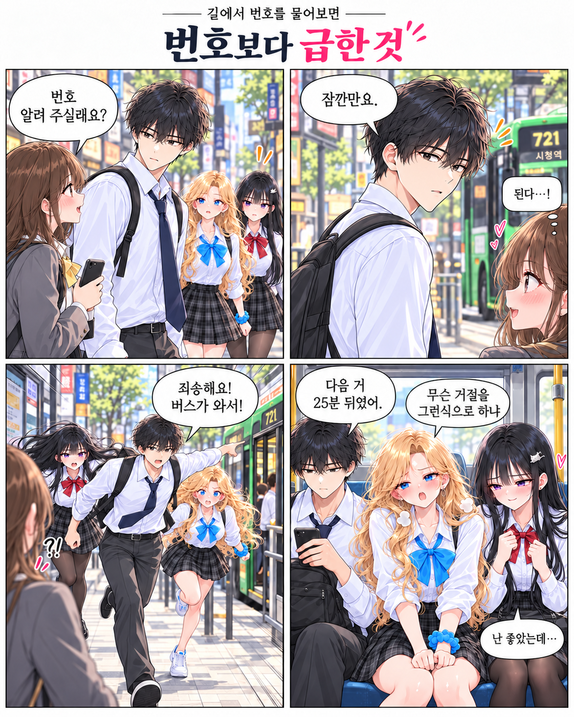 도남이 전화번호를 묻는 여학생에게 잠깐 기다려 달라고 한다. 버스가 오자 두 여자친구와 급히 달려가고, 버스 안에서 다음 차는 이십오 분 뒤였다고 말한다.